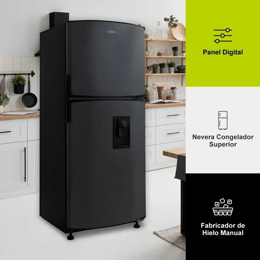 Nevera Haceb con panel digital, congelador superior y fabricador de hielo manual