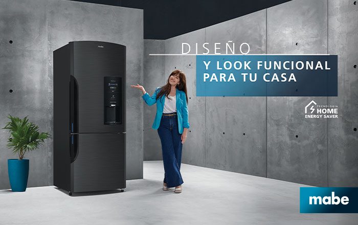Nevera Mabe de diseño moderno con tecnología Home Energy Saver en una cocina de Cartagena