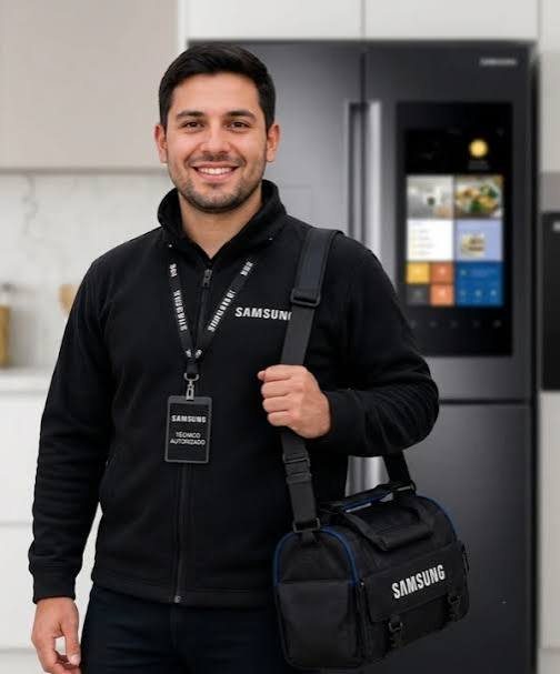 Técnico autorizado Samsung con carné de identificación y maletín de herramientas junto a una nevera Samsung Family Hub