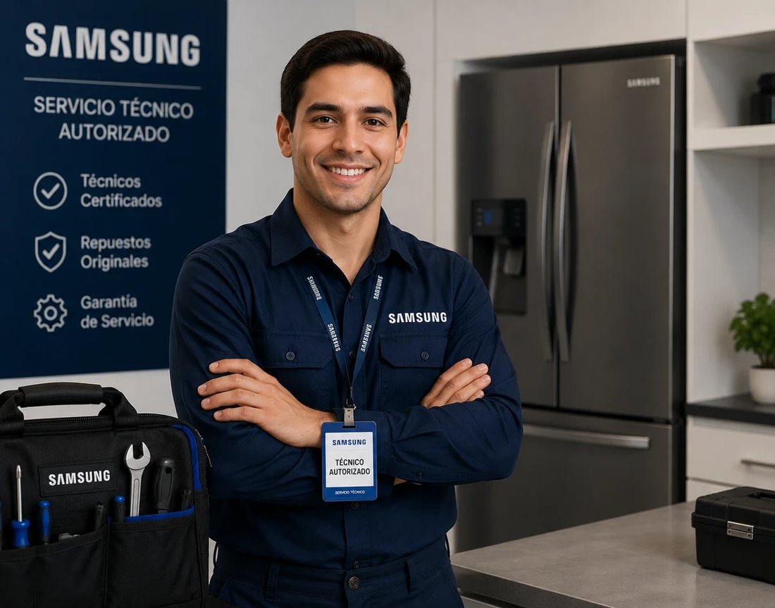 Técnico autorizado Samsung con carné y maletín de herramientas Samsung, frente a un banner de Servicio Técnico Autorizado Samsung en Cartagena