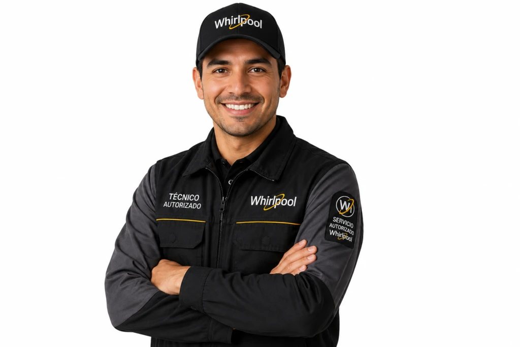 Técnico especializado en neveras Whirlpool con uniforme de servicio, listo para una visita a domicilio en Cartagena