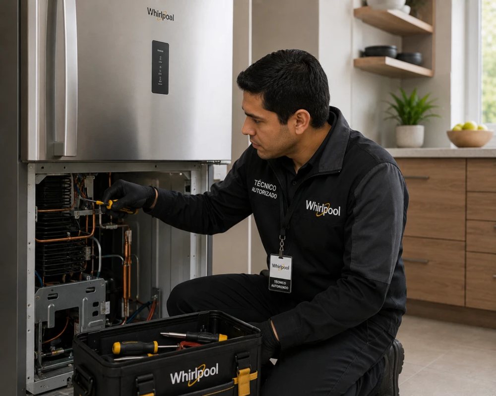 Técnico autorizado Whirlpool reparando el sistema de refrigeración de una nevera en Cartagena